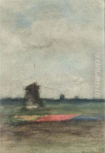 A Windmill In The Bulbfields Oil Painting by Jan Hendrik Weissenbruch