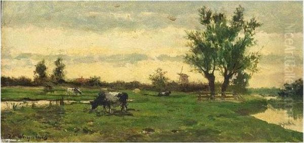 A Polder Landscape With Grazing Cows Oil Painting by Jan Hendrik Weissenbruch