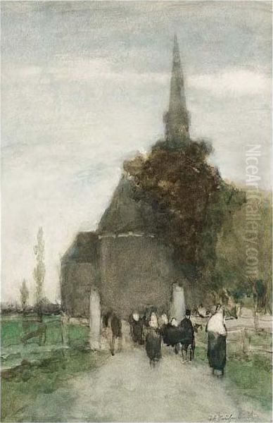 Going To The Church, Woubrugge Oil Painting by Jan Hendrik Weissenbruch