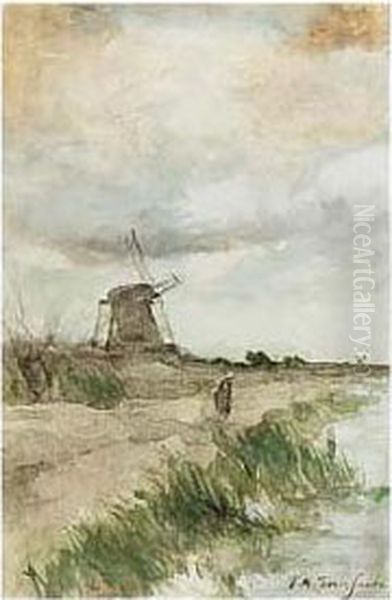 A Polder Landscape With A Oil Painting by Jan Hendrik Weissenbruch