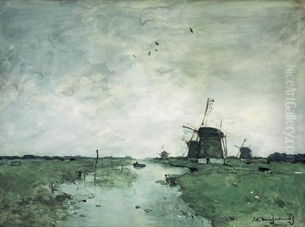 Windmills In The Polder Oil Painting by Jan Hendrik Weissenbruch