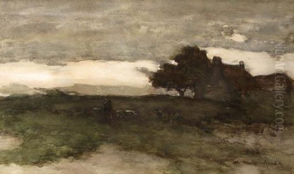 Shepherd With Flock In A Polder Landscape Oil Painting by Jan Hendrik Weissenbruch