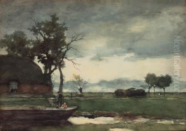 A Farmhouse In A Polder Landscape, A Peasant Unloading A Barge In The Foreground Oil Painting by Jan Hendrik Weissenbruch