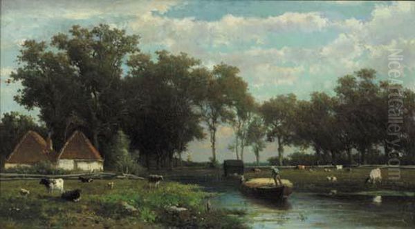 A Haybarge In A Wooded Summer Landscape Oil Painting by Jan Hendrik Weissenbruch