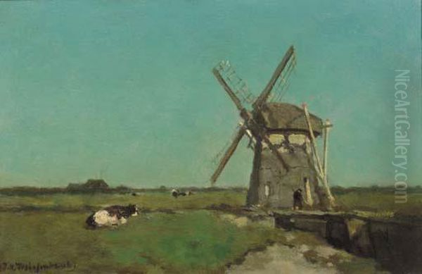 A Polder Landscape With A Windmill, Near Schiedam Oil Painting by Jan Hendrik Weissenbruch