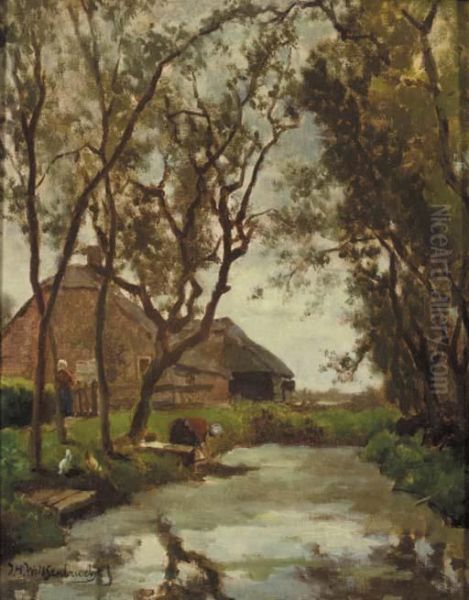 Washerwomen By A Brook Near A Farmstead Oil Painting by Jan Hendrik Weissenbruch