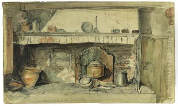 A Fireplace With A Kettle And Pans In A Kitchen Oil Painting by Jan Hendrik Weissenbruch