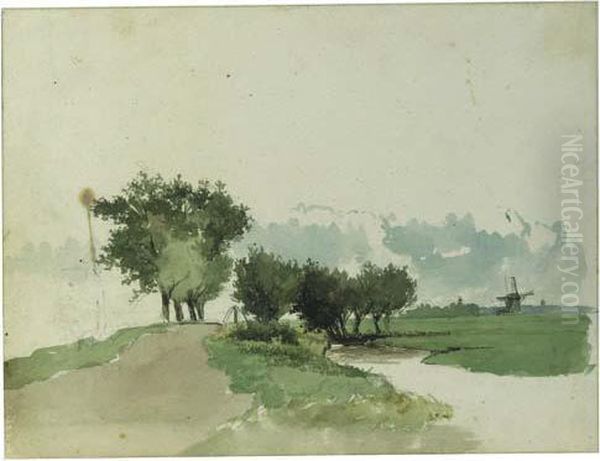 Pollard Willows Along A Ditch, A Windmill Beyond (recto); A Studyof Trees (verso) Oil Painting by Jan Hendrik Weissenbruch