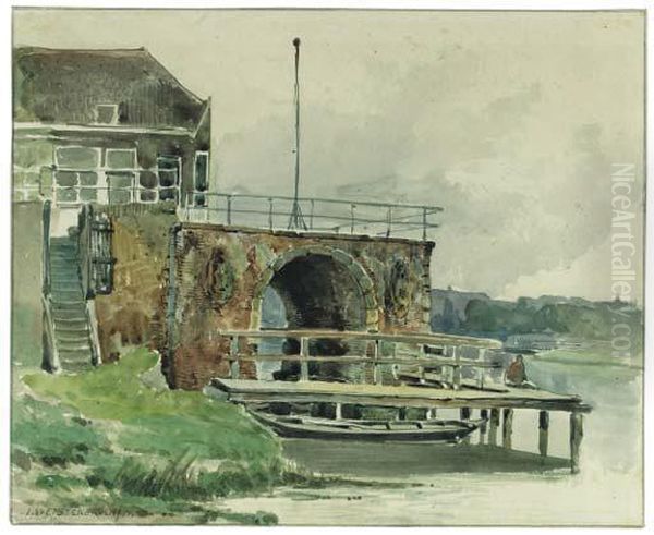 A Fragmentary Bridge With A 
Tollhouse And A Landing Bridge (recto);a Study Of Jetty (verso) Oil Painting by Jan Hendrik Weissenbruch