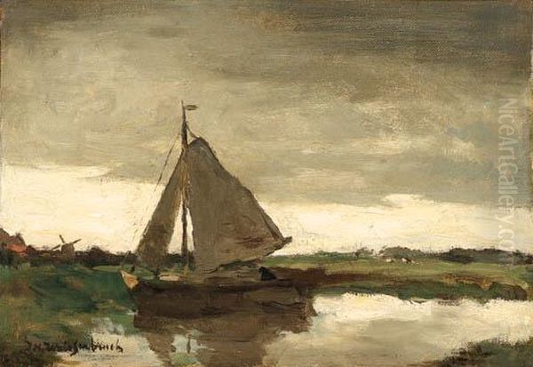 Sailboat On A Canal Oil Painting by Jan Hendrik Weissenbruch