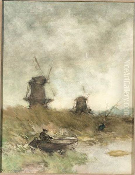 An Angler In A Polderlandscape With Windmills Beyond Oil Painting by Jan Hendrik Weissenbruch