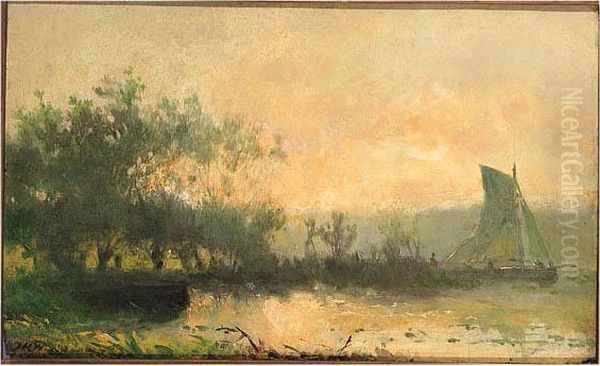 A Sailing Boat In A Polder Landscape Oil Painting by Jan Hendrik Weissenbruch