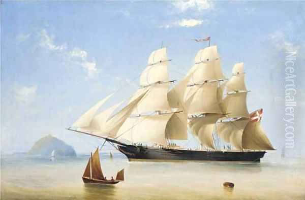 A Danish full-rigged ship heaving-to off an island Oil Painting by Frederick Tudgay