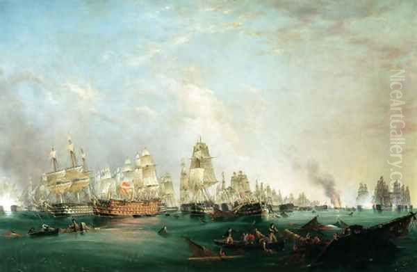 Surrender of the Santissima Trinidad to Neptune, The Battle of Trafalgar, 3pm, 21st October 1805 Oil Painting by Lieutenant Robert Strickland Thomas