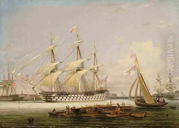 A Three-Decker Entering Portsmouth Harbour, 1836 Oil Painting by Lieutenant Robert Strickland Thomas