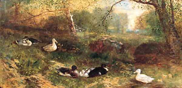 A Duck with her Ducklings Oil Painting by James Crawford Thom