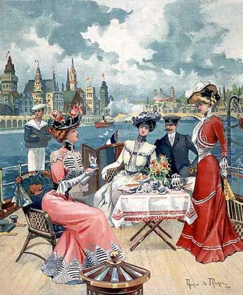 Tea on the Seine, from LIllustre Soleil du Dimanche, 26th August 1900 Oil Painting by Maurice de Thoren