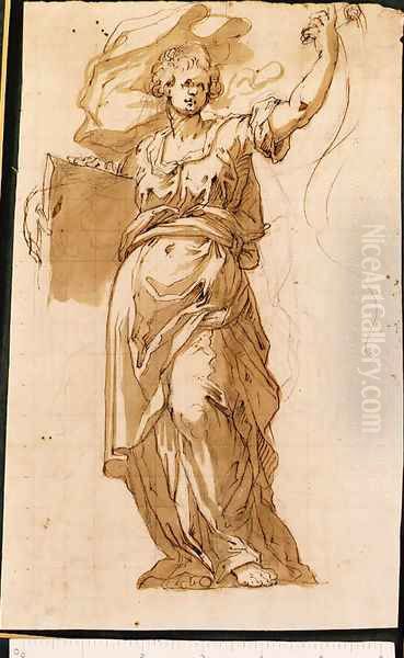 A draped Figure holding a Book and a Scroll Oil Painting by Giovanni Battista (Il Malosso) Trotti