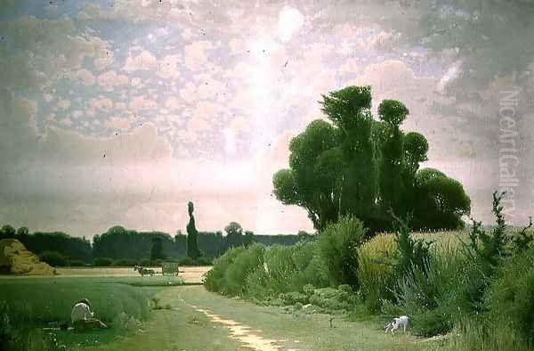 Landscape with a man resting by a path Oil Painting by Henri Tavel