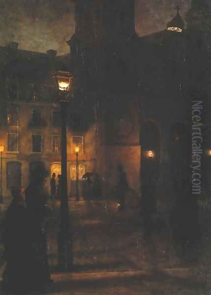 Maximilianplatz in Munich at Night Oil Painting by Wincenty Trojanowski