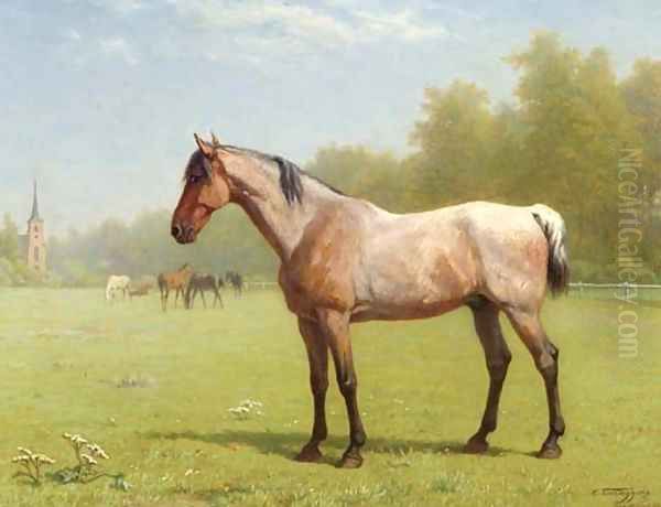 Horses in a meadow, the church of Brasschaat beyond Oil Painting by Charles Philogene Tschaggeny