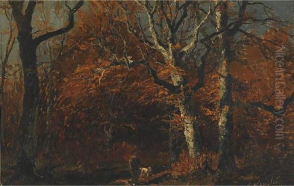 Hunter With His Dog In The Woods; Campsite In Aclearing Oil Painting by Joseph Wenglein