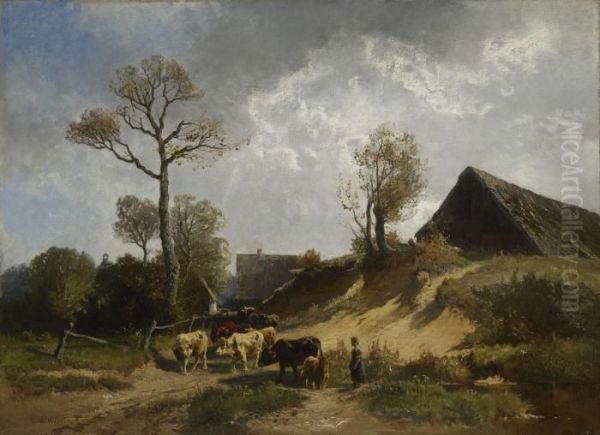 Hirtin Mit Rindern Vor Dem Dorf Oil Painting by Joseph Wenglein