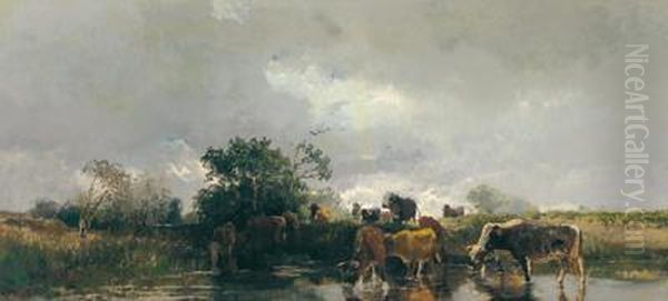 Cows At The Water Oil Painting by Joseph Wenglein