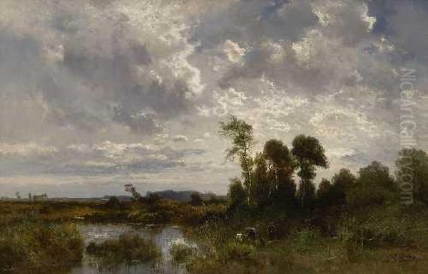 Zwei Jager Mit Ihren Hunden Und Erlegtem Reh In Moorlandschaft. Oil Painting by Joseph Wenglein