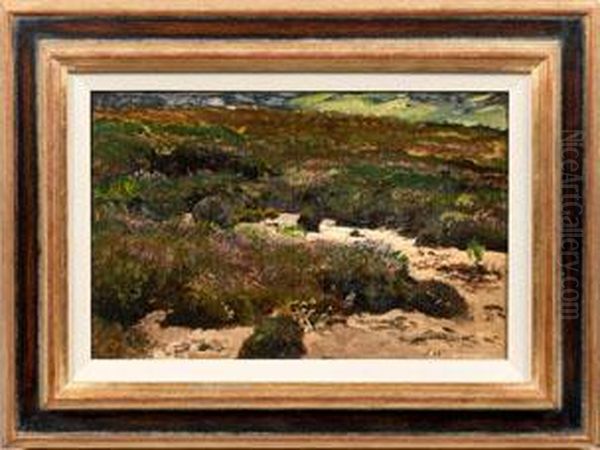 Landschaftsstudie Mit Bluhender Heide Oil Painting by Joseph Wenglein