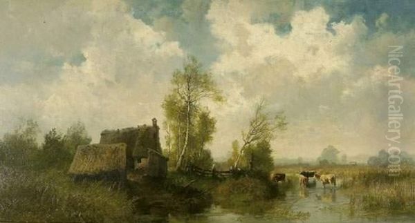 Landschaft Mit Kuhen Am Wasser. Oil Painting by Joseph Wenglein