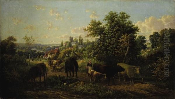 Extensive Landscape With Cattle Oil Painting by Joseph Wenglein