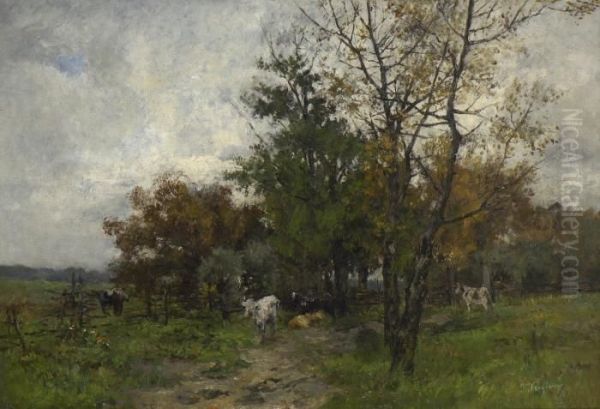 Baumlandschaft Mit Weidenden Kuhen. Oil Painting by Joseph Wenglein