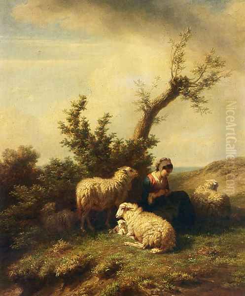 A Shepherdess And Her Flock Oil Painting by Edmond Jean Baptiste Tschaggeny