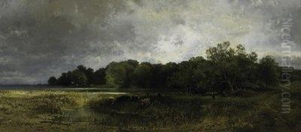 By A North Bavarian Lake. Signed And Dated Bottom Right: J. Wenglein 1870 Oil Painting by Joseph Wenglein