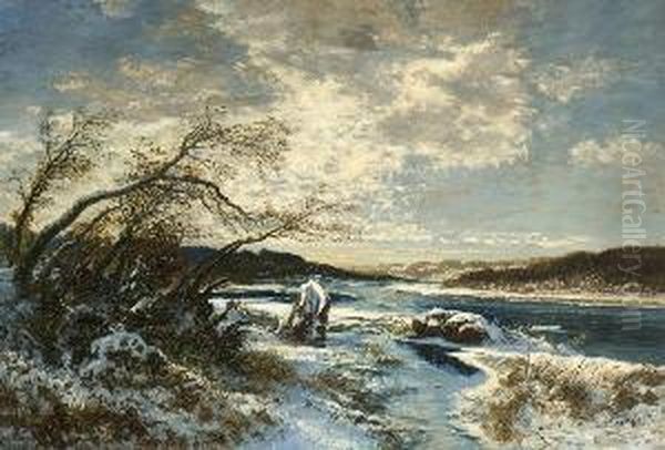 Wintertag An Der Isar Bei
 Tolz. Oil Painting by Joseph Wenglein