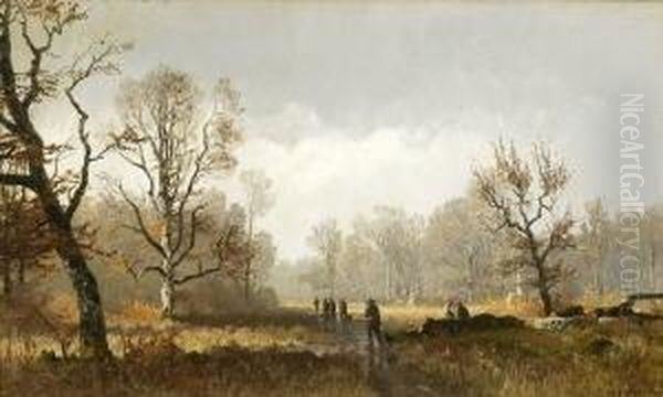 Herbstliche Baumlandschaft Mit
 Jagern. Oil Painting by Joseph Wenglein