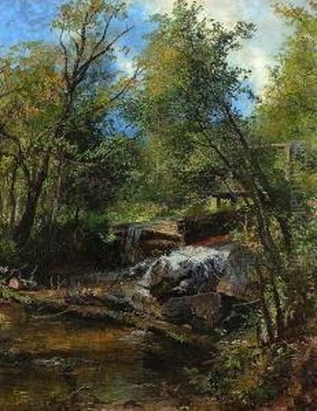 Waldbach Mit Wehr Bei
 Tolz. Oil Painting by Joseph Wenglein