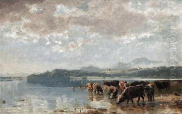 The Herd Watering Oil Painting by Joseph Wenglein