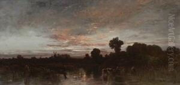 Uferlandschaft Mit Windmuhlen In
 Der Abenddammerung. Oil Painting by Joseph Wenglein