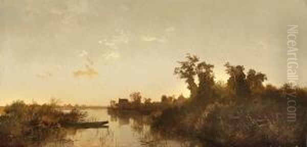 Uferlandschaft Mit Bauernhausern
 In Der Abenddammerung. Oil Painting by Joseph Wenglein