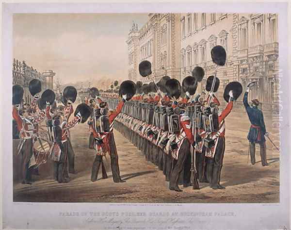 Parade of the Scots Fusilier Guards at Buckingham Palace on the morning of their departure for the Seat of War, March 2nd 1854, engraved by E. Walker, published by Colnaghi and Co., 1854 Oil Painting by George Housman Thomas