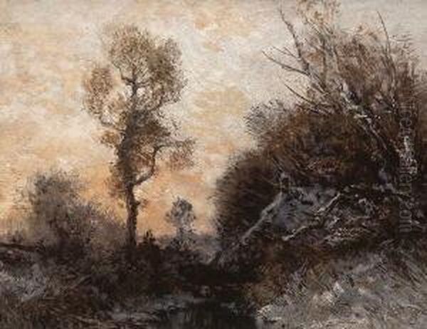 Winterlandschaft In Der
 Abenddammerung. Oil Painting by Joseph Wenglein