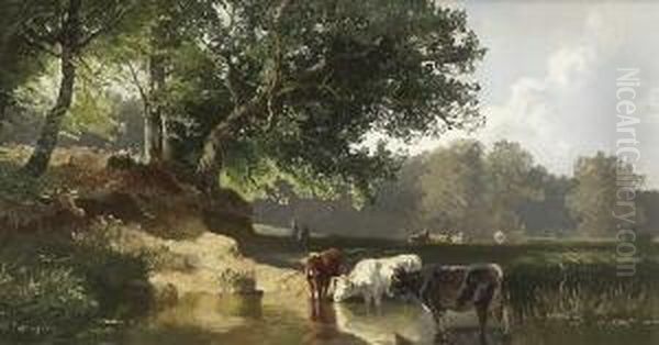 Kuhe An Der Tranke Am
 Weiher. Oil Painting by Joseph Wenglein