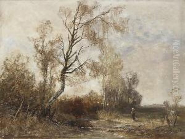 Magd Am Bachlauf In Herbstlicher
 Landschaft. Oil Painting by Joseph Wenglein