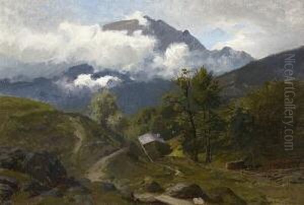 Blick Uber Die Alm Auf Das
 Wettersteingebirge. Oil Painting by Joseph Wenglein