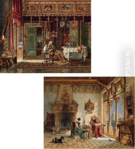 A Troubadour Brooding In An Elaborate Interior; And A Priest And A
Woman Spinning Yarn In A Venetian Interior Oil Painting by Carl Friedrich H. Werner