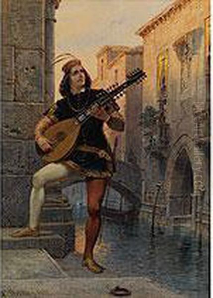 Lautenspieler Vor Venezianischem Palazzo Oil Painting by Carl Friedrich H. Werner