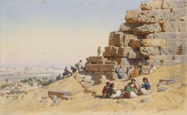 Des Orientaux Devant Une Pyramide, Un Village Et Un Paysage Demontagne A L'arriere-plan Oil Painting by Carl Friedrich H. Werner