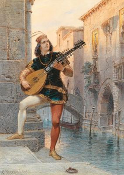 Venezianischer Lautenspieler An Einemcanale Oil Painting by Carl Friedrich H. Werner